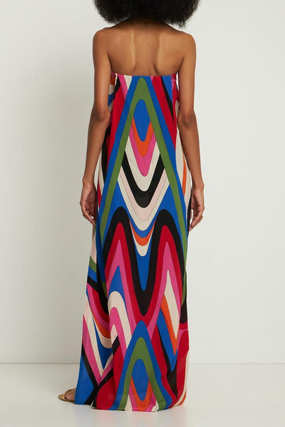 Strapless Side Slit Moiré Print Maxi Dress