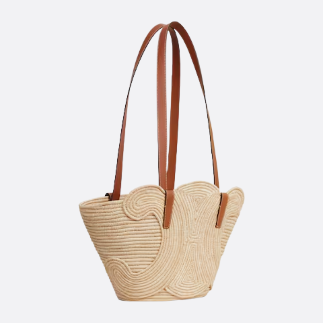 CL Borsa a mano Classic Small Panier in rafia e pelle di vitello