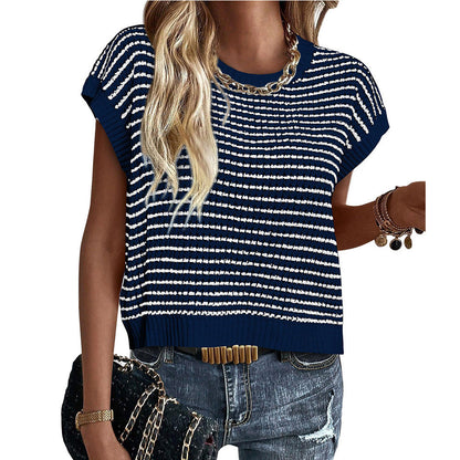 New Round Neck Knitted Top Casual Striped Contrast Color Sweater