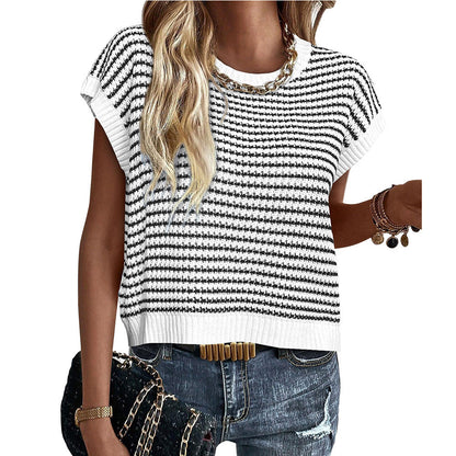 New Round Neck Knitted Top Casual Striped Contrast Color Sweater