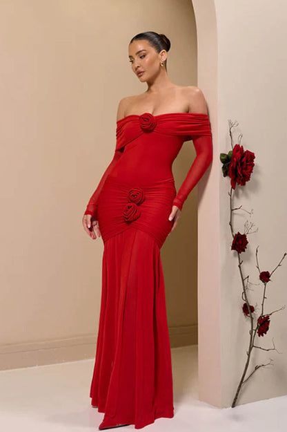 Vestido maxi ajustado con estampado floral 3D y hombros descubiertos 