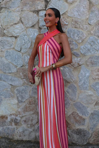 Sunset Samba Cross-Halter Stripe Dress