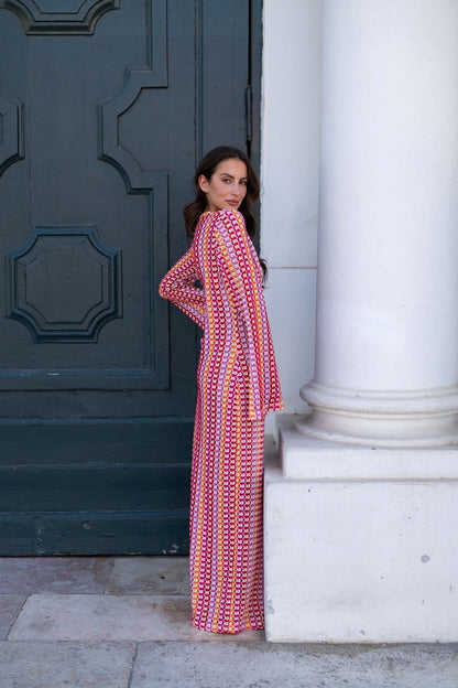 Boho V Neck Bell Sleeve Wavy Striped Crochet Beach Vacation Maxi Dress