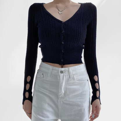 American Hot Girl Pure Desire Sexy V-neck Single-breasted Long Sleeve Sweater