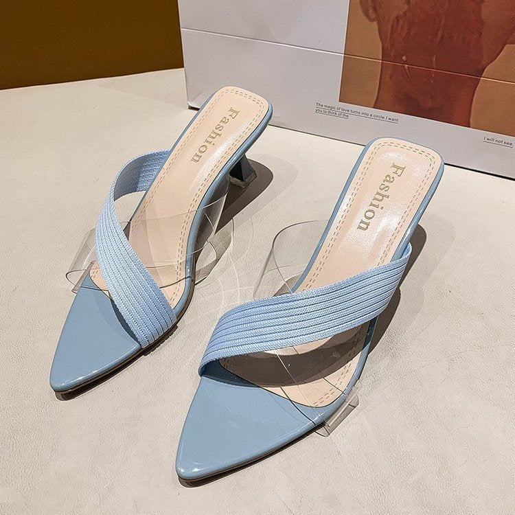 Sandalias y pantuflas transparentes con tiras cruzadas y tacón de aguja para mujer
