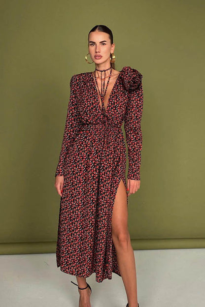 Vestido midi con cuello en V y flores Bertha