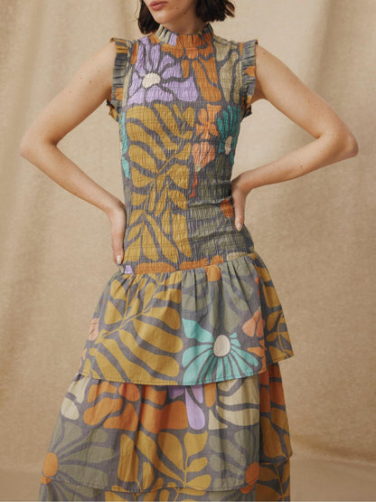 Vestido midi con estampado botánico multicolor