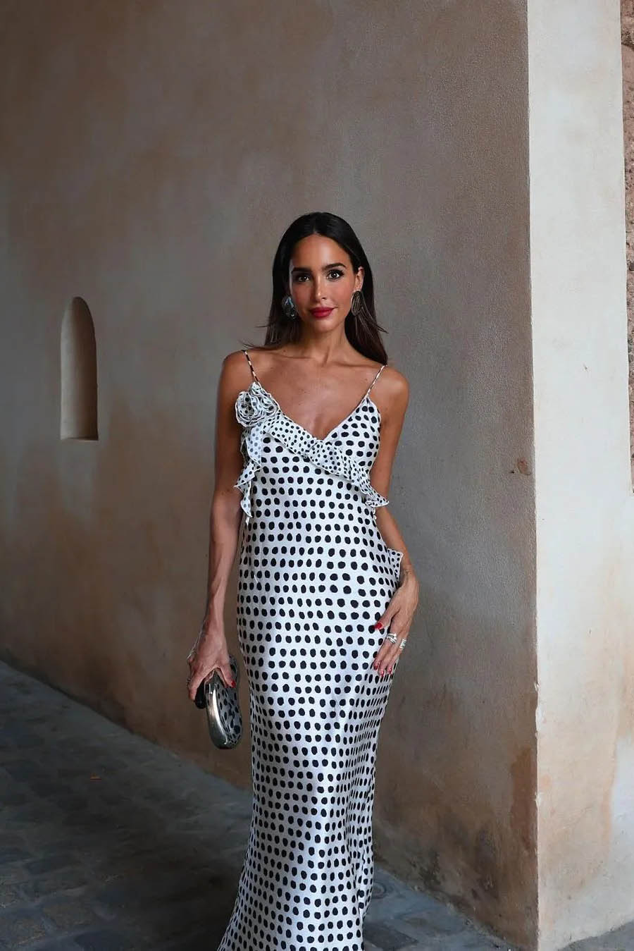 Fantasy Maxikleid mit gerüschtem Strapshalter und Guipure-Stoff mit Polka Dot-Print