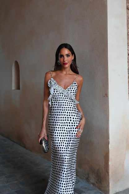 Fantasy Maxikleid mit gerüschtem Strapshalter und Guipure-Stoff mit Polka Dot-Print