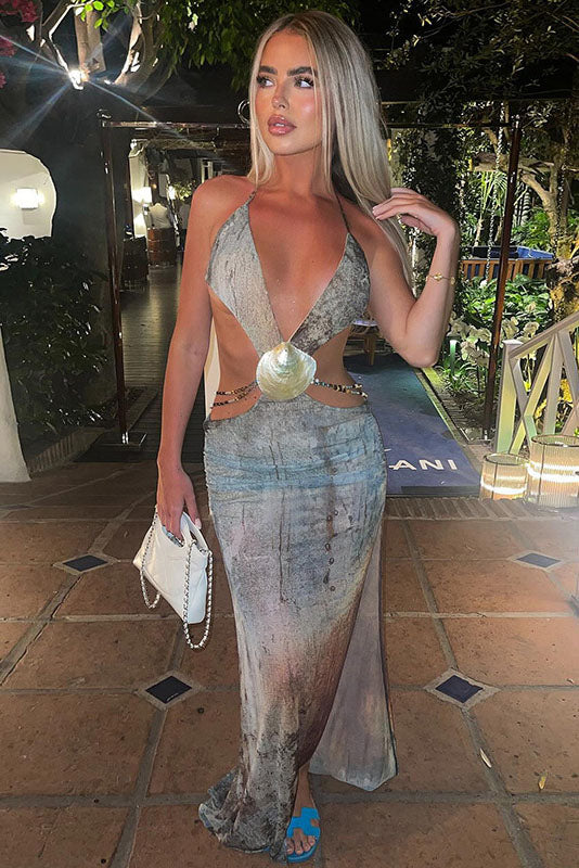 Eve Neckholder-Maxikleid aus Netzstoff mit Muschelbesatz