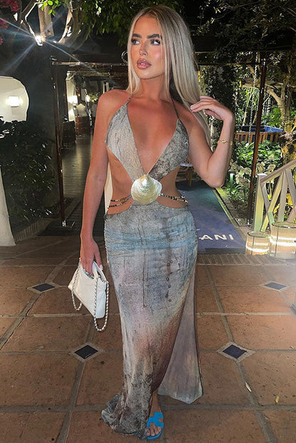 Eve Neckholder-Maxikleid aus Netzstoff mit Muschelbesatz