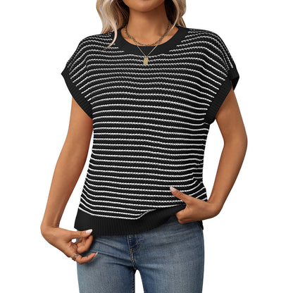New Round Neck Knitted Top Casual Striped Contrast Color Sweater
