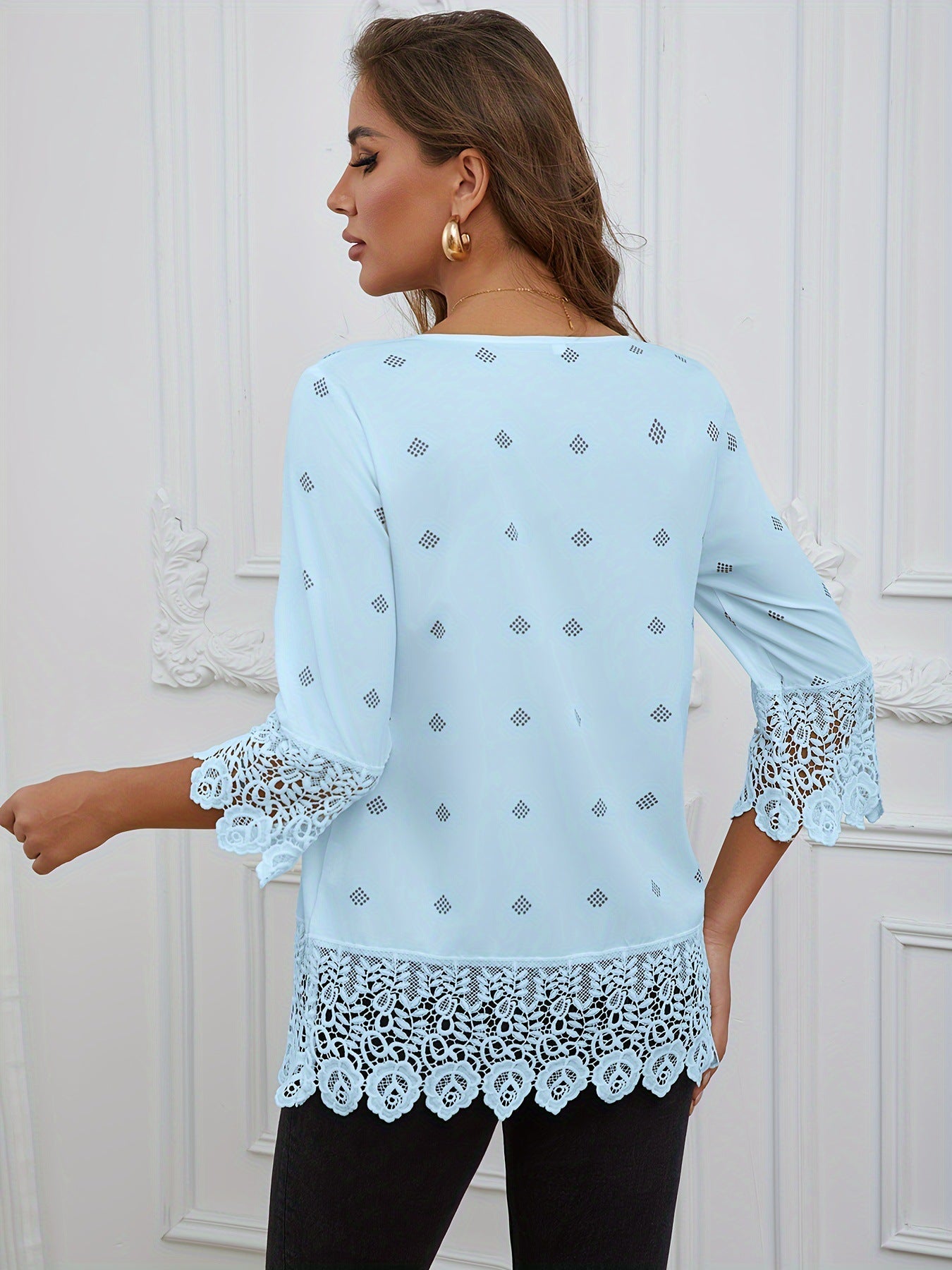 Solid Color Lace Trim Shirt Three-quarter Sleeve Solid Color Contrast Color Lace