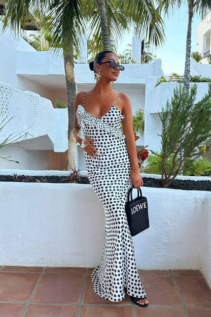 Fantasy Maxikleid mit gerüschtem Strapshalter und Guipure-Stoff mit Polka Dot-Print