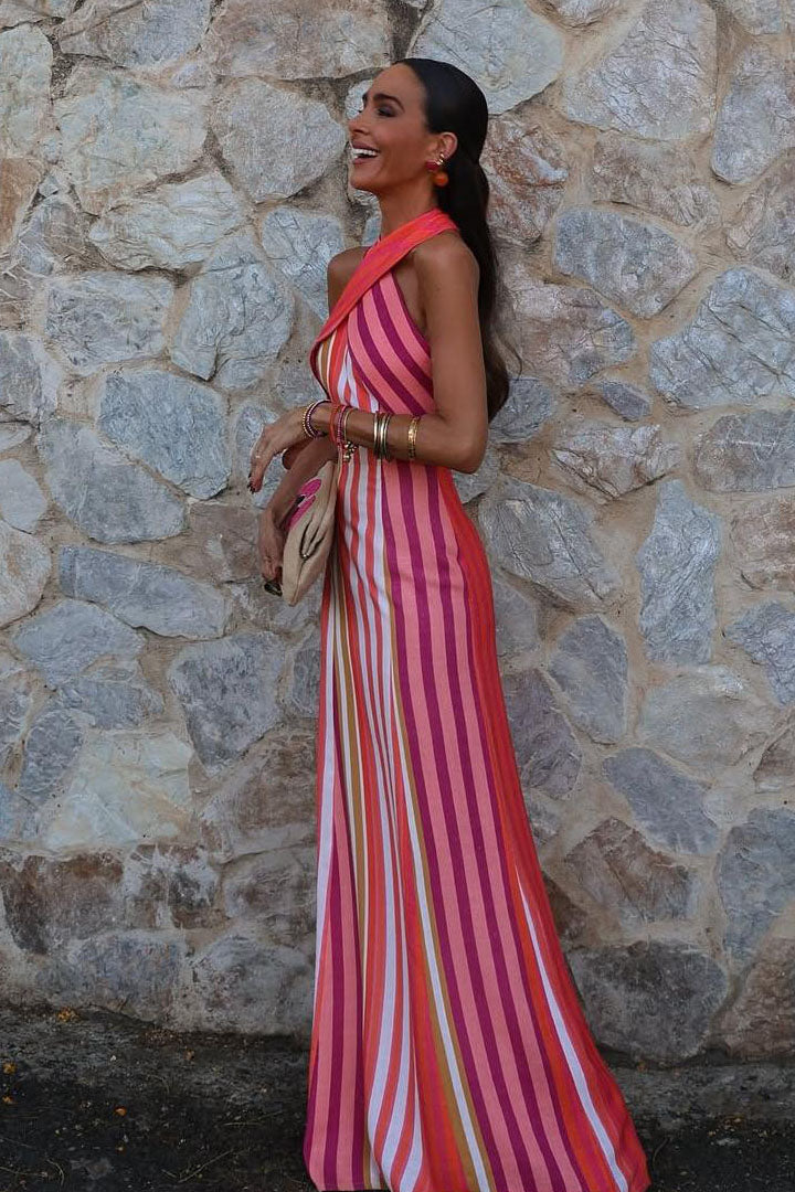 Sunset Samba Cross-Halter Stripe Dress