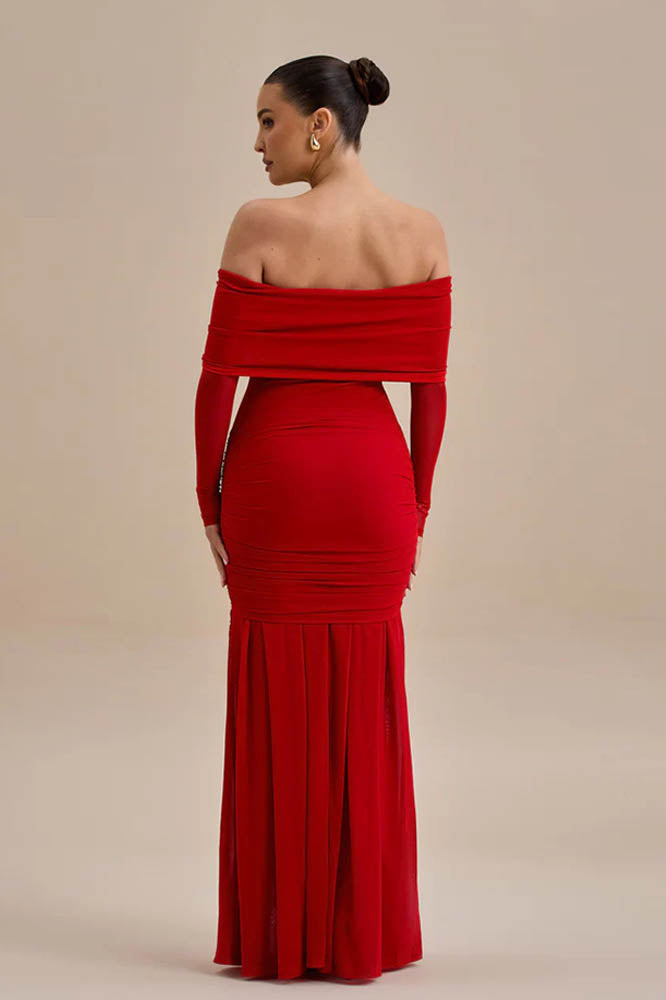 Vestido maxi ajustado con estampado floral 3D y hombros descubiertos 