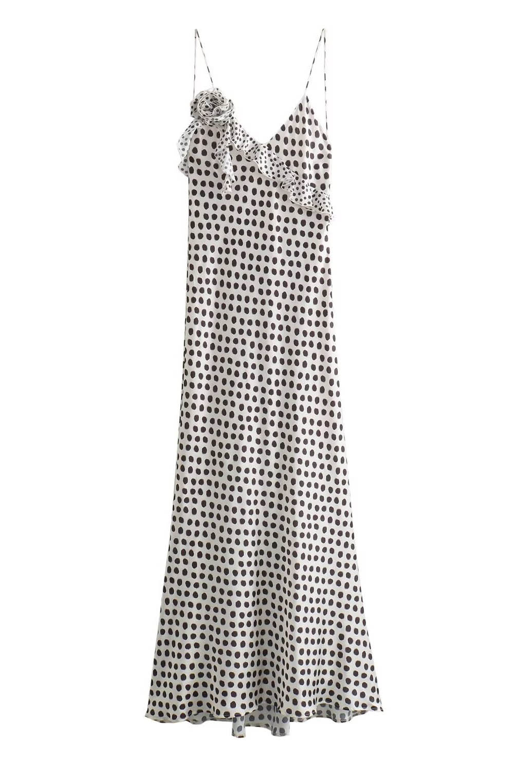 Fantasy Maxikleid mit gerüschtem Strapshalter und Guipure-Stoff mit Polka Dot-Print