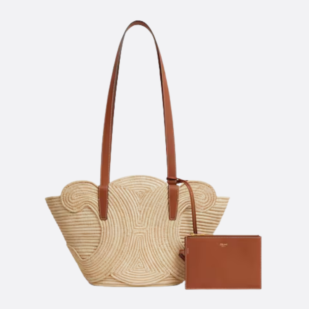 CL Borsa a mano Classic Small Panier in rafia e pelle di vitello