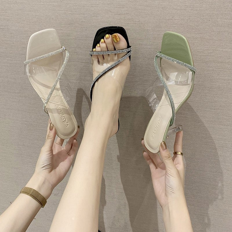 Women Wear Crystal Stiletto Sandals And Slippers