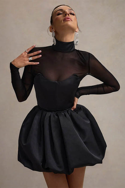 Vestido mini de invierno elegante de malla transparente, ajustado y abullonado