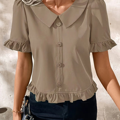 Short-sleeved Casual Shirt Red Round-neck Ruffles