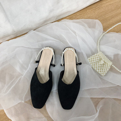 Sandals Square Head Pearl Muller Slippers