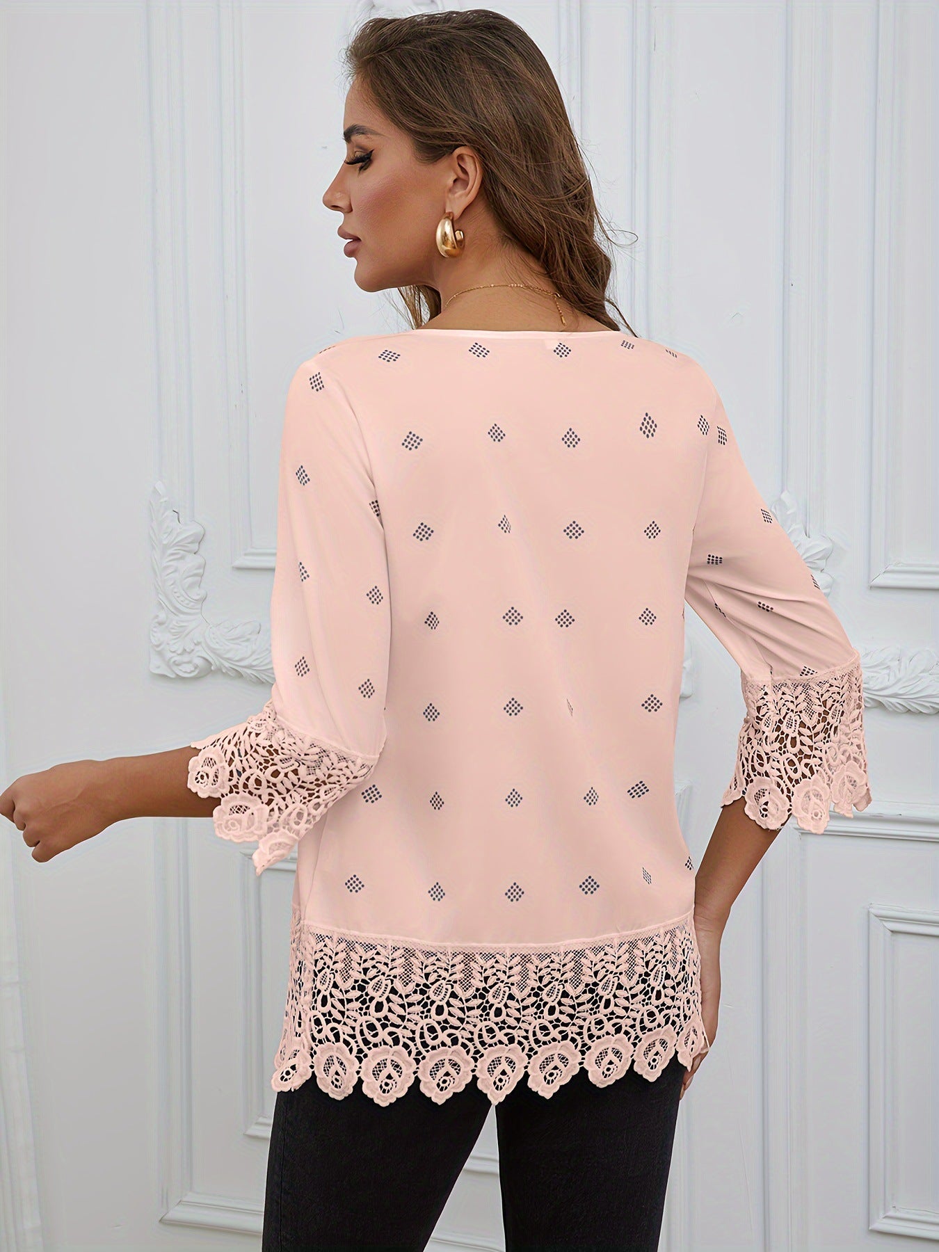 Solid Color Lace Trim Shirt Three-quarter Sleeve Solid Color Contrast Color Lace