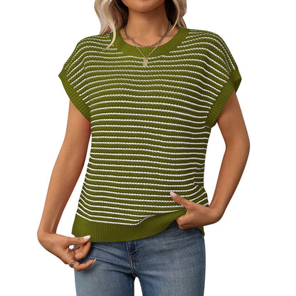 New Round Neck Knitted Top Casual Striped Contrast Color Sweater