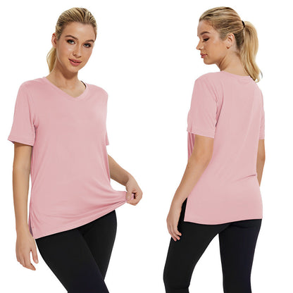 Top holgado de manga corta con abertura en color liso para mujer, novedad de verano