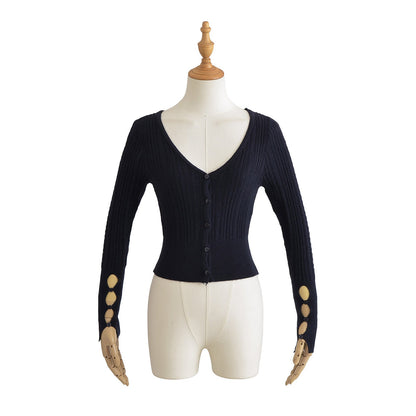 American Hot Girl Pure Desire Sexy V-neck Single-breasted Long Sleeve Sweater