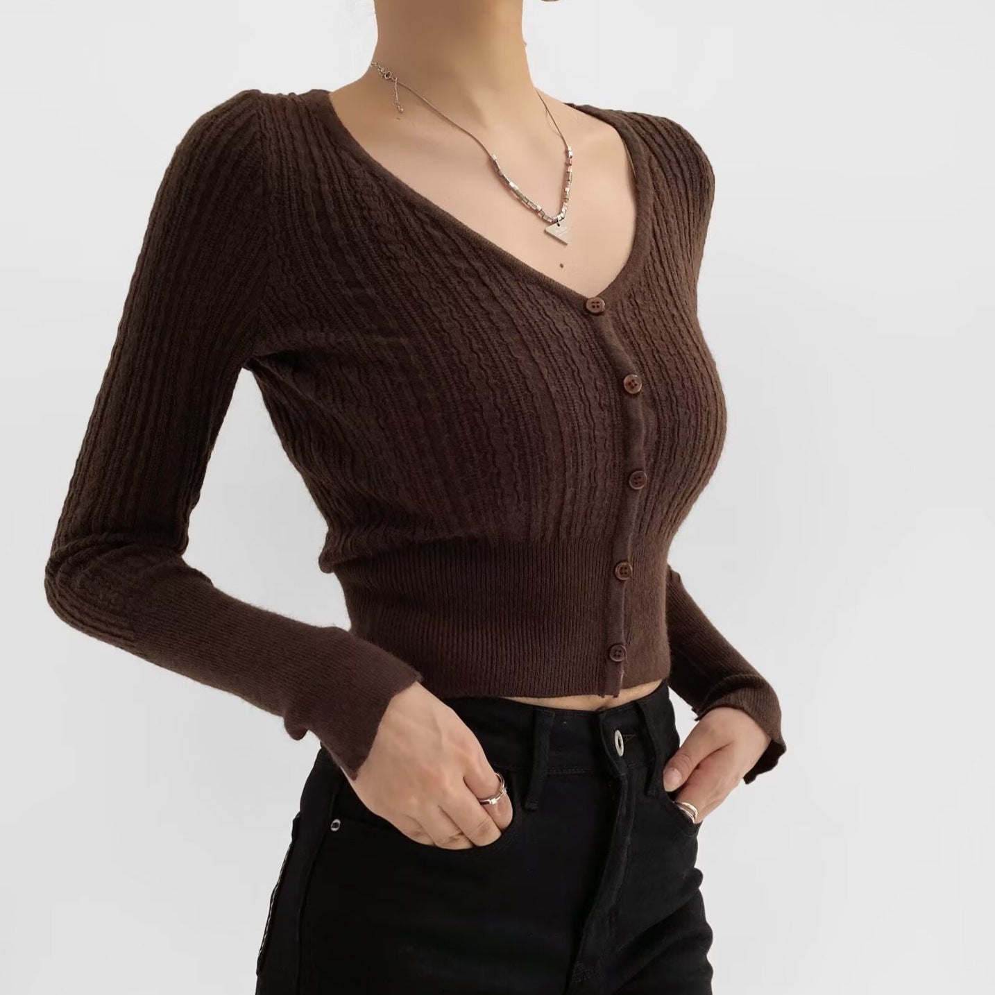 American Hot Girl Pure Desire Sexy V-neck Single-breasted Long Sleeve Sweater