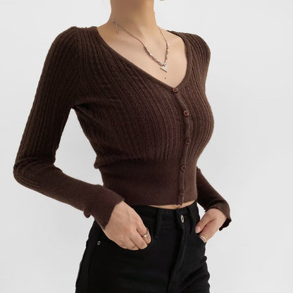 American Hot Girl Pure Desire Sexy V-neck Single-breasted Long Sleeve Sweater