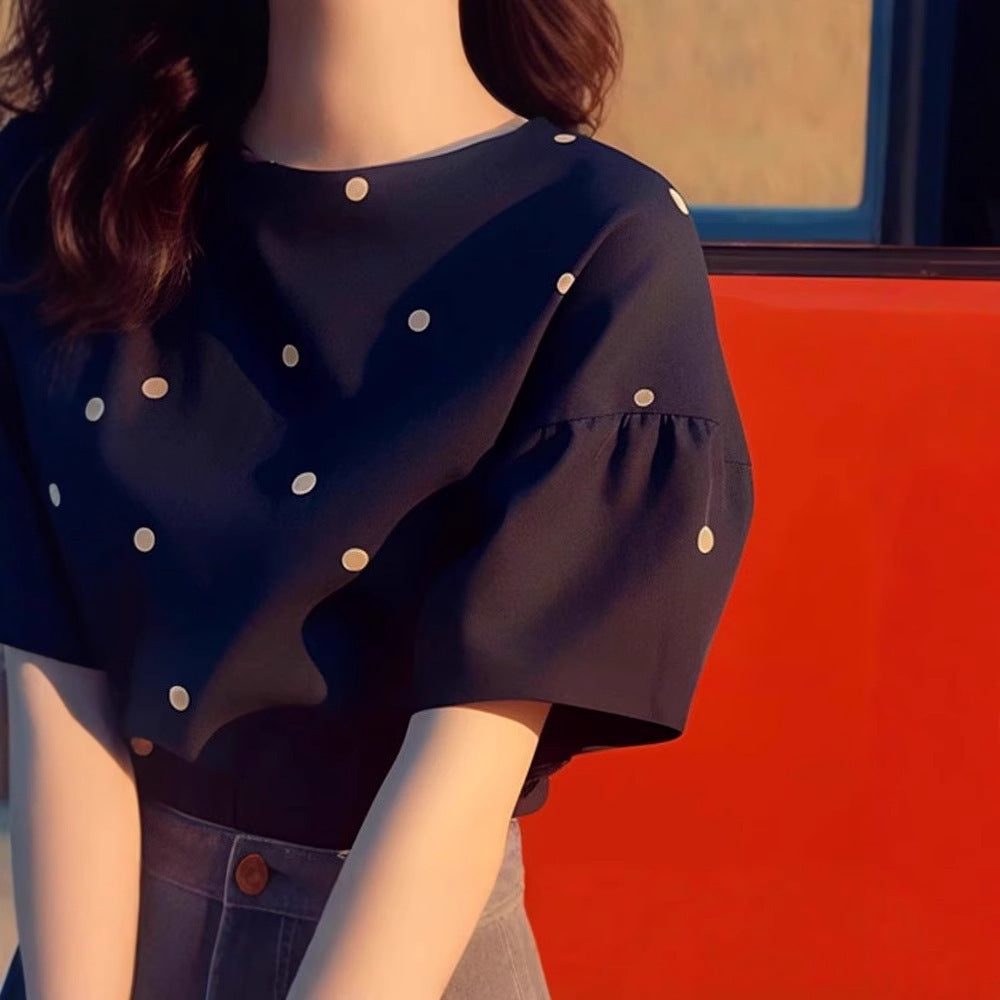 Black Dark Blue Polka Dot Short Sleeve T-shirt