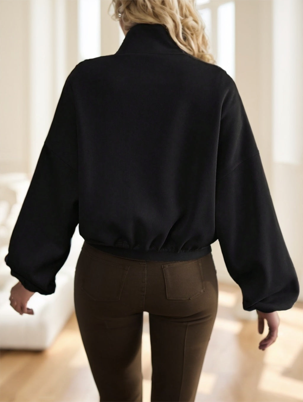 Chaqueta con capucha informal de manga larga con cordón y cremallera para mujer