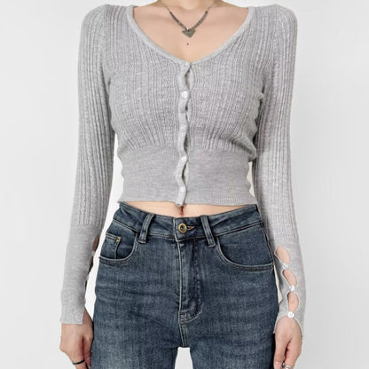 American Hot Girl Pure Desire Sexy V-neck Single-breasted Long Sleeve Sweater