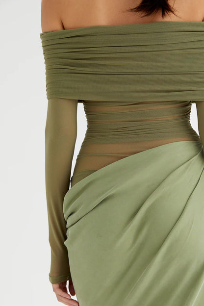 Lillian – Schulterfreies, transparentes Maxi-Netzkleid