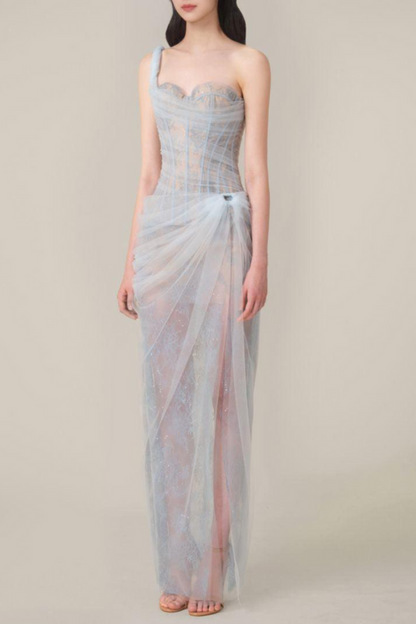 Vestido largo Bertille de un solo hombro en azul