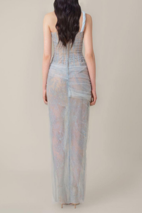 Vestido largo Bertille de un solo hombro en azul