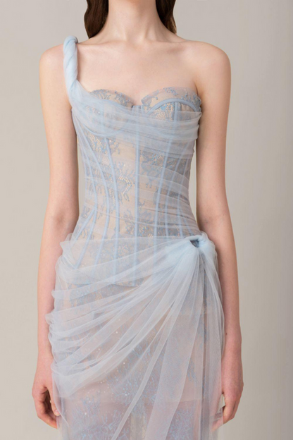 Vestido largo Bertille de un solo hombro en azul