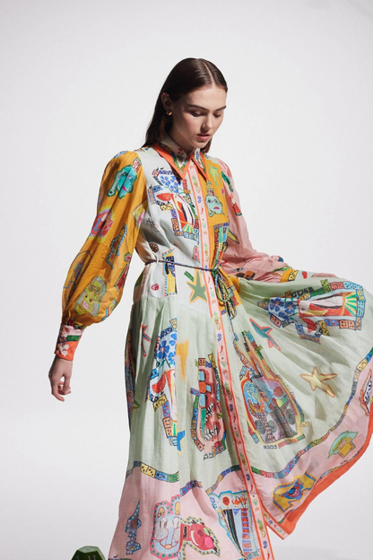 Vestido largo de patchwork con mangas globo de Danielle