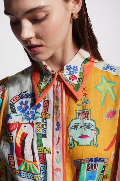 Vestido largo de patchwork con mangas globo de Danielle