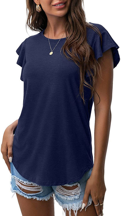 Women's Round Neck Ruffled Short Sleeve T-shirt