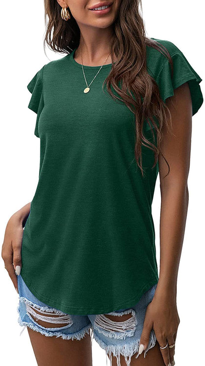 Women's Round Neck Ruffled Short Sleeve T-shirt
