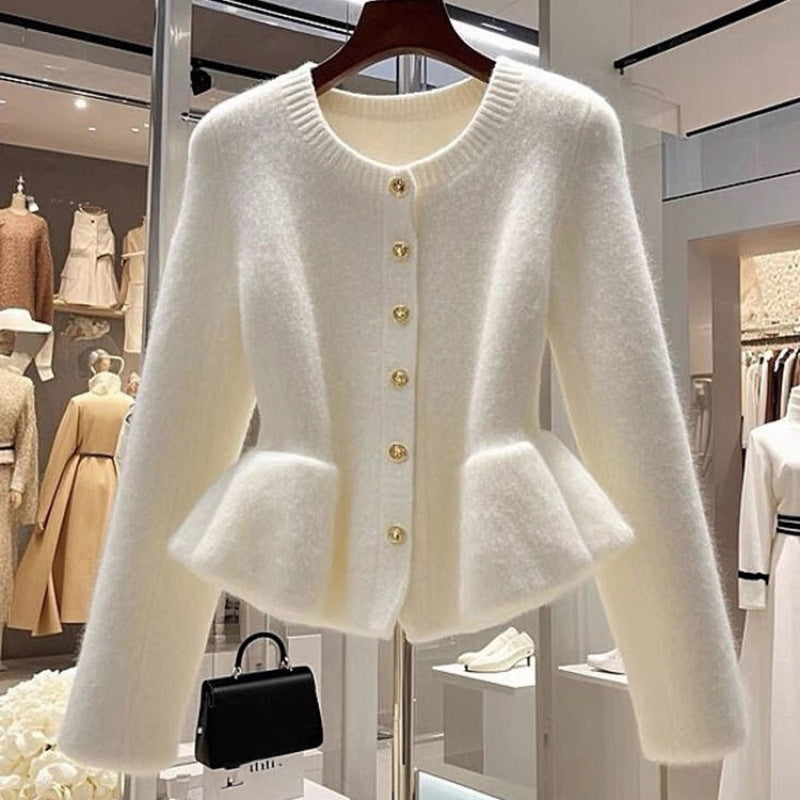 High-grade White Sweater Cardigan Waist-tight