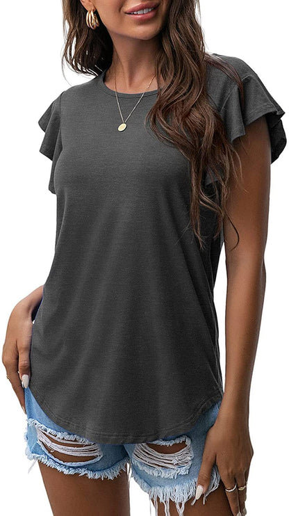 Women's Round Neck Ruffled Short Sleeve T-shirt