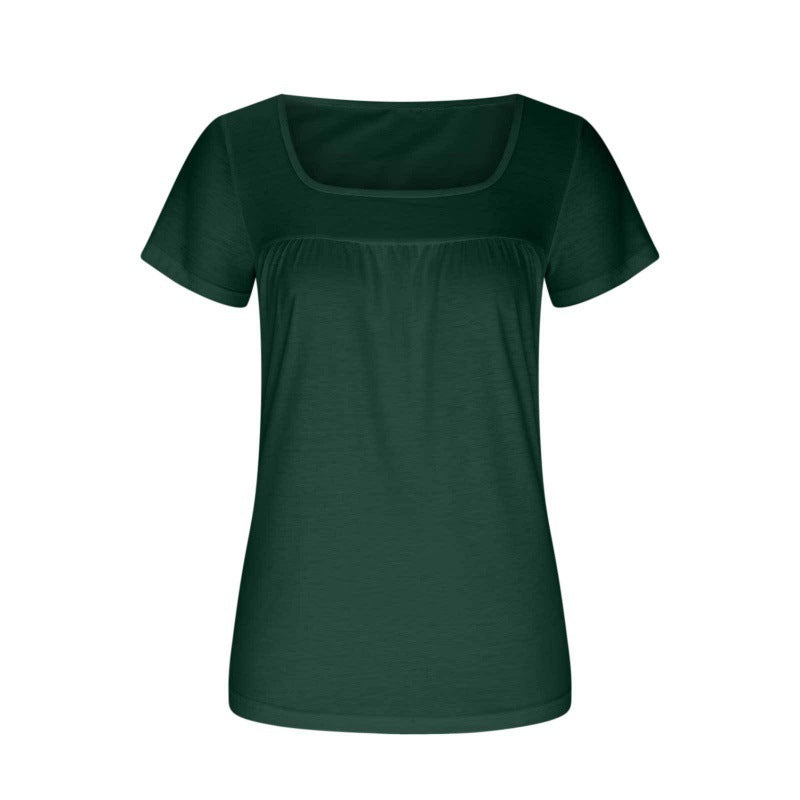 Women's Square Collar Pleated Solid Color Short-sleeved T-shirt