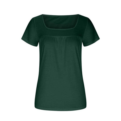 Women's Square Collar Pleated Solid Color Short-sleeved T-shirt