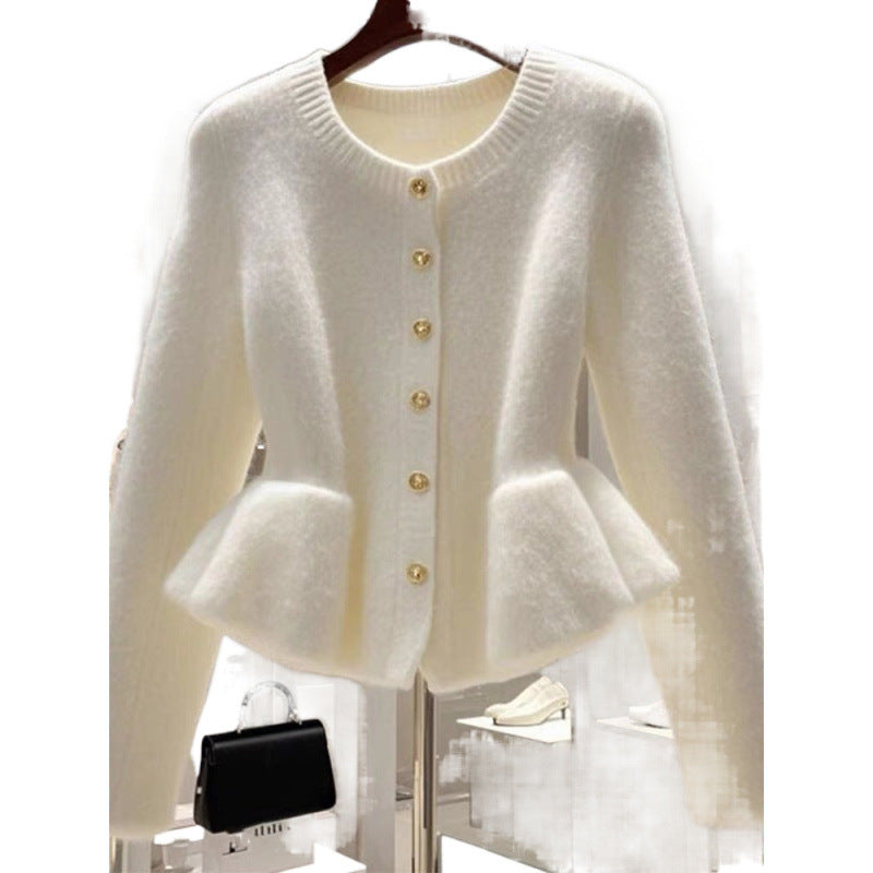 High-grade White Sweater Cardigan Waist-tight