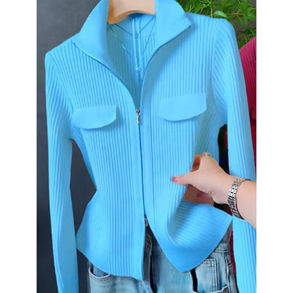Lapel Long Sleeve Knitted Cardigan Sweater For Women