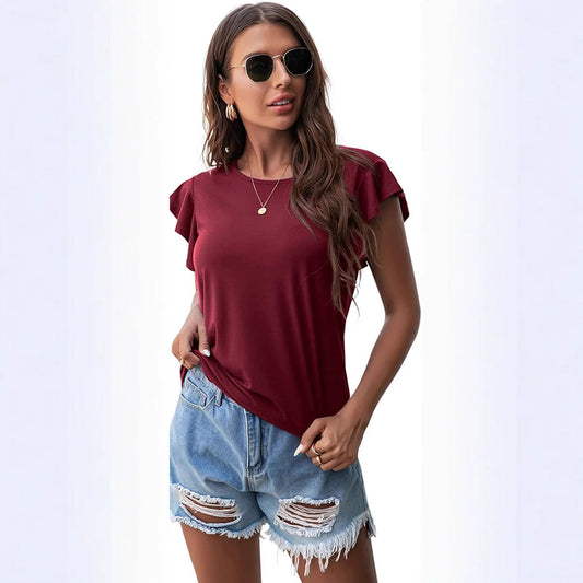 Women's Round Neck Ruffled Short Sleeve T-shirt